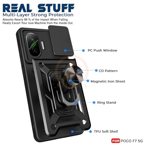 Image of Armor Bumper Back Cover Case for Poco F7 5G | Rotating Camera Cover, Ring Holder & Kickstand | Heavy Duty & 360 Degree Protection Poco F7 5G Back Cover (Black)