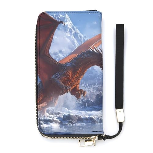 Ice-Covered Knights Dragon Breathing Fire Women's Leather Clutch Wallet with Zip Card Holder Hand Strap Large Capacity