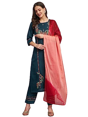 Image of VredeVogel Women's Cotton Blend Kurta Pant Set with Chanderi Silk Dupatta