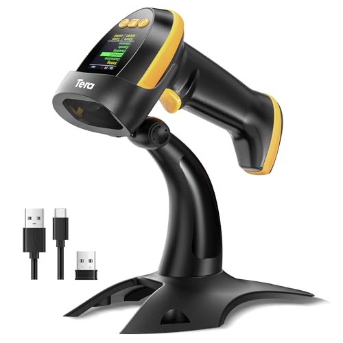 Image of Tera Barcode Scanner Wireless 2D with Stand: Pro Version Digital Setting Screen Keypad Works with Bluetooth 2.4G Wireless USB Wired Extra Fast Scanning Speed Handheld Bar Code Reader HW0009-Z Yellow