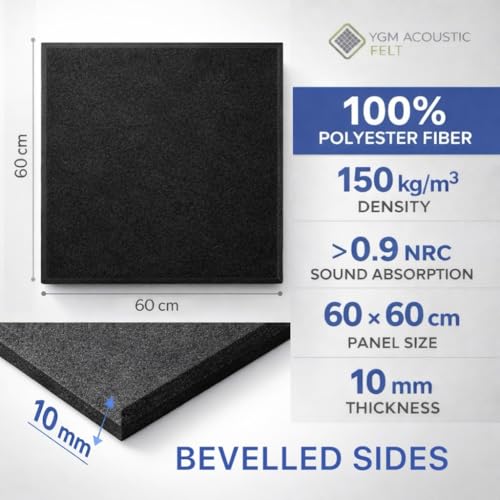 Image of YGM Acoustic Foams Luxury PET Felt Acoustic Self Adhesive Panels, 10 MM Thick, Sound Absorbing Panels for Wall | Room Noise Reducer & Sound Dampening (OG Black, 2x2 Foot - 24 Panels)