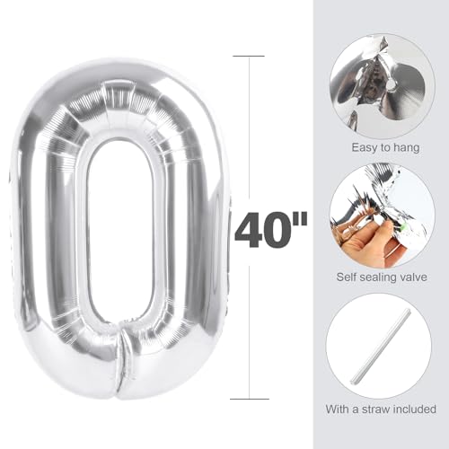 Image of 0 Balloon 40 inch Silver Number Balloons for 10th Birthday Party Decoration | Saturated Color, Large 40 in, With Straw & Hanging Hole, For Graduation Season, Thanksgiving, Anniversary, Christmas