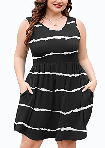 Image of AusLook Plus Size Summer Tank Dress for Women Casual Sleeveless Crewneck Pleated Babydoll Swing Sundresses with Pockets 1X-5X