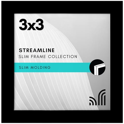 Americanflat 3x3 Picture Frame with Polished Crystal-Clear Glass - Streamline Collection - Thin Border Square Frame for Tabletop Display - Easel Stand Included - Black