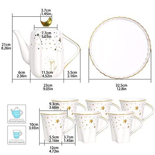"Starry Moon" Ceramic Tea Set With Tea Pot,Derui Creation Coffee Cup Set With 6Oz Cups,Afternoon Tea Time Serving (White) #TOP1