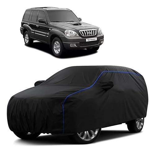 Image of Sulfar 100% Water Resistant Car Body Cover Compatible with Mirror for Hyundai Terracan (Triple Stitched, Full Bottom Elastic, Black Tafetta with Blue Piping)
