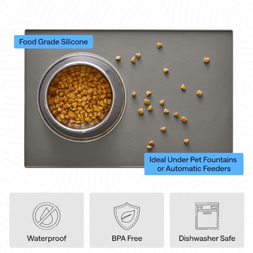 GORILLA GRIP 100% Waterproof Raised Edge BPA Free Silicone Pet Feeding Mat, Dog Cat Food Mats Contain Spills Protects Floors, Placemats for Cats and Dogs Water Bowl, 18.5x11.5, Gray
