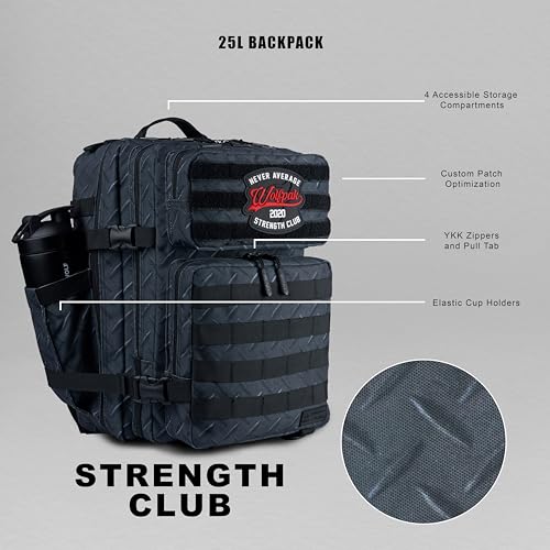 Image of WOLFpak 25L Athletic Gym Backpack (Strength Club) Durable 1000D Waterproof Oxford Material w /MOLLE Webbing, Laptop Pocket & Dual Cup Holders, Durable Fitness /Travel /Military Daypack
