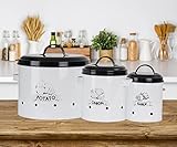 Más orden – La gran olla para patatas ofrece suficiente espacio para aprox. 3 kg de patatas, el recipiente para cebolla para hasta 1,5 kg y la pequeña olla para ajos para aprox. 11 – 12 boles. Nuestro juego de recipientes con tapa proporciona más orden en tu cocina y crea espacio de almacenamiento adicional.