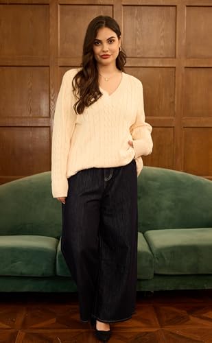 Image of CARCOS Plus Size Sweaters for Curvy Women Long Sleeve Cable V Neck Sweater Knit Pullover Preppy Style Fall Winter XL-5XL