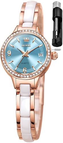 Image of OLEVS Women's Quartz Watches - Elegant Oval Diamond Dress Watch with Ceramic Band, 30M Waterproof Ladies Wrist Watch for Dress & Casual Wear (Rose Gold Blue /Red /Purple /White)