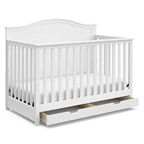 Image of Storkcraft Moss 5-in-1 Convertible Crib with Drawer (White) – GREENGUARD Gold Certified, Crib with Drawer Combo, Includes Full-Size Nursery Storage Drawer, Converts to Toddler Bed and Full-Size Bed
