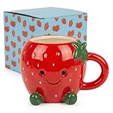 MIJOMA Kawaii - Taza de dolomita de fresa, 410 ml, relieve 3D con cara, esmaltado y estable, para café, té, cacao