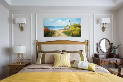 Acocifi Blue Coastal Wall Art Lighthouse Picture Nature Fall Landscape Ocean Beach Seascape Canvas Painting, Textured Artwork Large Framed for Living Room Bedroom Bathroom Office Home Decor 48"x24" - Image 3