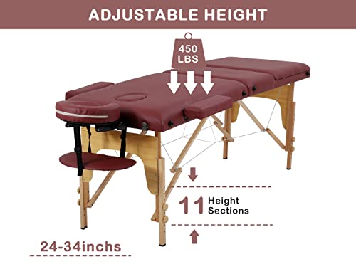 Massage Tables Portable Lash Bed 73 in Long 24 in Wide Tattoo Table, Height Adjustable Portable Spa Bed, 3 Folding Chiropractic Table w/Carry Case/Face Cradle/Hand Pallet for Physical Therapist