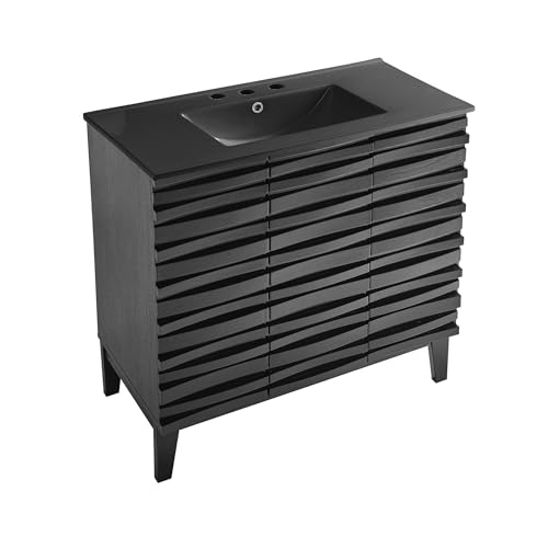 Image of Swiss Madison Cascade 36 in. Black Oak Bathroom Vanity with Black, 3-Hole Ceramic Sink Top