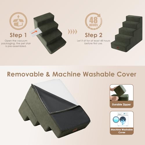 Image of EHEYCIGA Dog Stairs for High Bed 22.5 inch H, 5-Step Dog Steps for Bed, Pet Steps for Small Dogs and Cats, Non-Slip Balanced Pet Ramp Indoor, Military Green