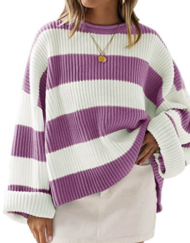 Zesica Women's 2023 Fall Long Sleeve Crew Neck Striped Color Block Comfy Loose Oversized Knitted Pullover Sweater,Purple,Large #TOP24