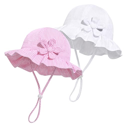 Image of DANMY Baby Girl Wide Brim Bucket Hats with UPF 50+ Outdoor Adjustable Beach Hat with Sun Hat(0-6 Months), White Pink Stripe -Petal 2pcs