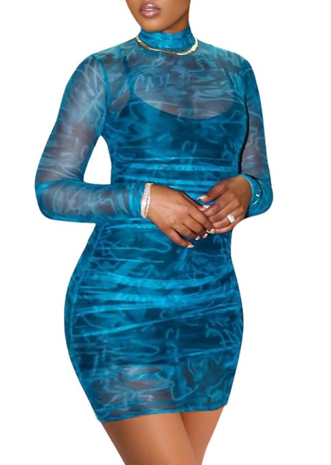 Image of MOEENCN Sexy Long Sleeve Mini Dress for Women Sheer Mesh Printed 2 Piece Skirt Set Crew Neck See Through Bodycon Clubwear