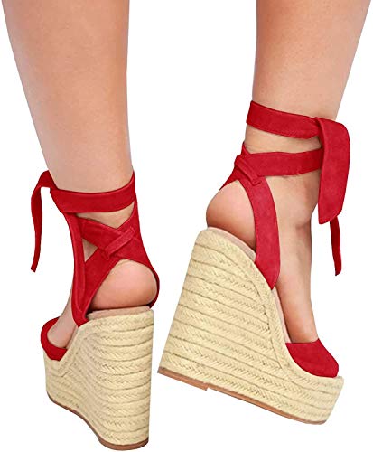 Image of SERAIH Womens Lace up Espadrilles Platform Wedges Sandals Heels Tie Ankle Strap Summer Dress Shoes