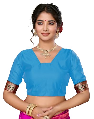 Image of Yashika Women's Cotton Silk Chandrakor Paithani Saree in Golden Zari Border, Saree with Crescent Moon Motifs and Peacock Design, Includes Unstitched Blouse Material