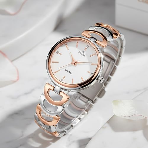 Image of IIK COLLECTION Watches for Women Round Studded Dial |Analogue Quartz Movemnet Ladies Watch|Long Battery Life|Stainless Steel Adjustable Bracelet Chain Strap|Double Lock Clasp Safety Watches for Girls