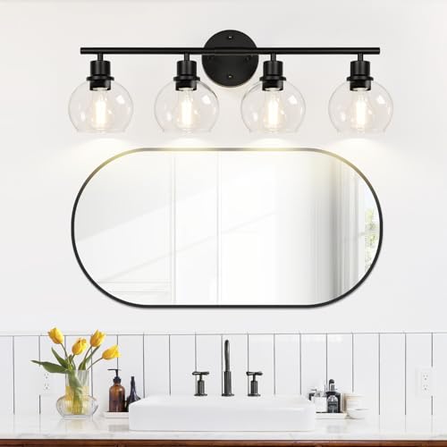Image of Indoi 4-Light Bathroom Light Fixtures, Black Bathroom Lights Over Mirror with Clear Glass Globe Shade, Vanity Lights for Bathroom Kitchen Living Room Hallway Cabinet Bedroom Porch