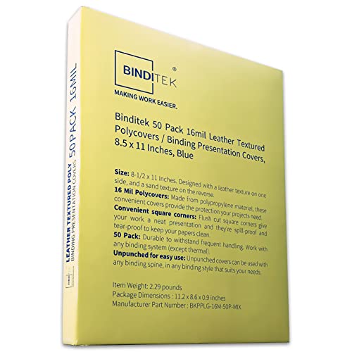 Binditek 50 Pack 16Mil Leather Textured Polycovers - Binding Presentation Covers For Business Reports And Proposals 8-1/2 X 11 Inches,Blue Color #TOP7
