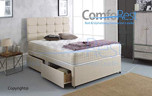 Comfort24 Cream Fabric Divan Bed Set With Memory Foam Mattress (Matching Border) And 24" Cube Headboard - 2 Drawers (Double - 4'6)