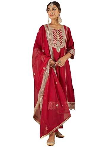 Image of INDO ERA Women's Maroon Silk Blend Embroidered A-Line Kurta & Pant With Dupatta Set (IESTR6990)