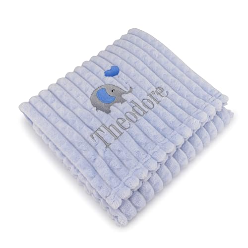 Lobeko Personalised Baby Blanket Embroidered with Name & Elephant Design Soft Customised Blanket for Newborn Baby Boy Cot & Pram Blanket Baby Boy Present 100x75cm (Blue)
