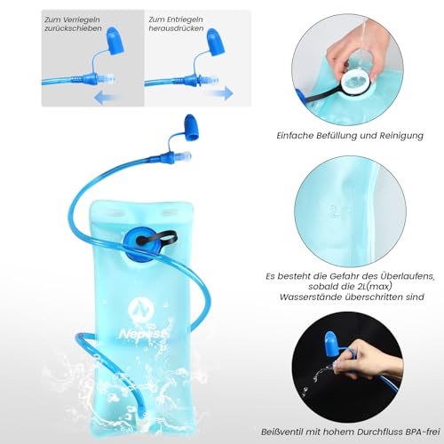 Nepest Trinkrucksack 8L - Fahrradrucksack & Skirucksack mit 2L Trinkblase | Ideal für MTB, Laufen & Skifahren | Verstellbarer Brust & Taillengurt mit Sicherheitspfeife - Grau