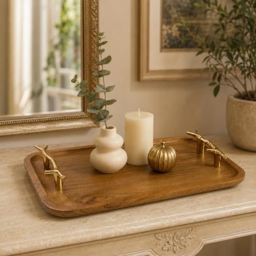 Image of CentraLit Decorative Acacia Wooden Tray for Serving - Dining Table Accessories & Kitchen Organizer Serving Trays - Luxury Wooden Tray| Gold Handles for Home Decoration (Twig Handles)