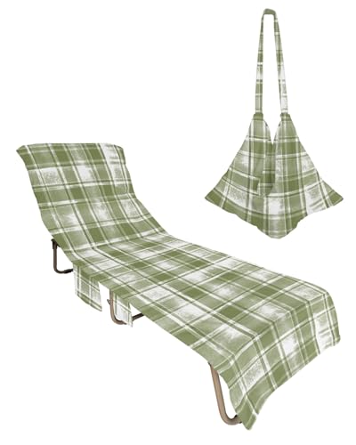 Sage Green Checkered Beach Lounge Chair Towel Cover, Soft Chaise Lounge Towel with Side Pockets Patio Pool Chairs Cover for Beach/Pool Sunbathing 29x85 Vintage Watercolor Sage Green Plaid