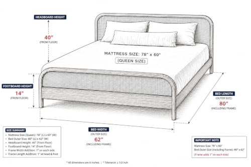 Image of Queen Size Wooden Bed | Modern Cane Headboard & Footboard | Low Height Double Bed for Bedroom Natural