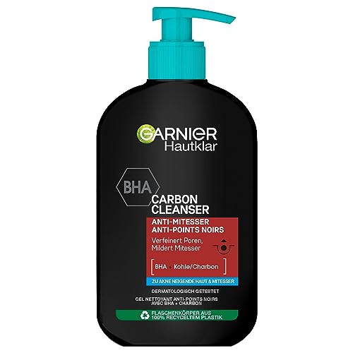 Garnier Hautklar Waschgel, BHA Carbon Cleanser mit Kohle, Anti-Mitesser & Anti-Pickel Waschgel und Gesichtsreiniger, 250 ml