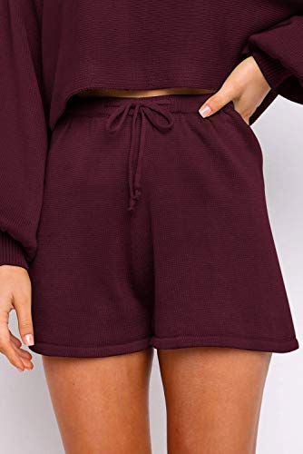 ZESICA Women's Casual Long Sleeve Solid Color Knit Pullover Sweatsuit 2 Piece Short Sweater Outfits Sets Wine