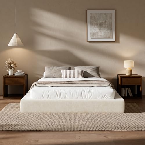 Image of RECCI AirFrame Queen Bed Frame, Cloud Upholstered Platform Bed Frame, 5 Inch Fully Boxy Foam Cushioned, Square Shape Base, No Box Spring Needed, Easy Assembly | Beige Chenille, Soft Low-Profile