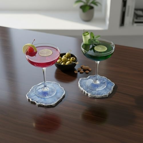 Image of Natural Agate Stone Silver Plated Tea Coasters Set | Premium Stone Coasters for Tea, Coffee & Glass | Heat Resistant Coasters for Dining Table, Office Desk & Home Decor | Pack of 2 | Color -Blue