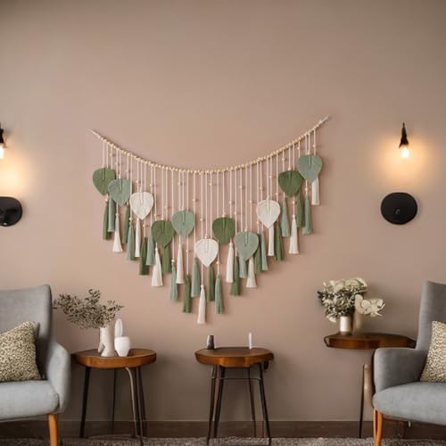 Macrame Wall Hanging - 49.3"x29.5" Large Boho Tapestry Wall Decor Bohemian Handmade Woven Tapestry with Wood Bead and Chic Leaf Feather for Living Room Bedroom Apartment Decoration (Hooks Included) - Image 4