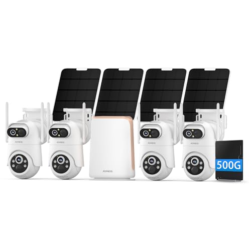 Eseecloud 4-Cam Kit Dual Lens Solar Security Camera Wireless Outdoor System 10CH NVR with 500GB HDD Color Night Vision 5GHz Wi-Fi Two Way Audio Easy to Setup Strobe Siren 180 Days Care Plan