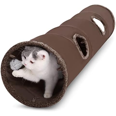 ALLSOPETS Cat Tunnel Toy Kitten Play Tube Collapsible Durable Suede Cats Tunnel Toys with Hanging Plush Ball for Cats Kittens Rabbit Guinea Pig Brown Cover