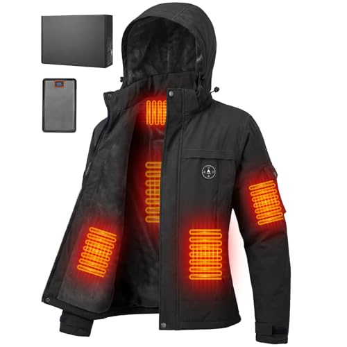 Brimekey Veste Chauffante Femme avec Doublure Polaire - Manteau Ski Électrique avec Capuche, Batterie 20000mAh, Imperméable & Coupe-Vent, 6 Zones Chauffantes, 3 Températures pour Hiver (Noir, M)