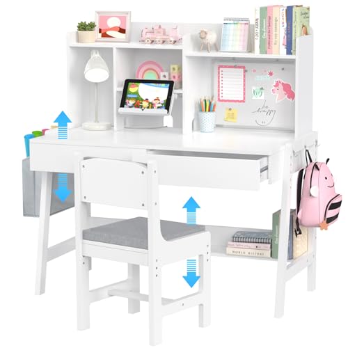 GDLF Kids Study Desk and Chair Set, Adjustable Children Study Table with Chair, Kids Wooden Study Desk with Hutch, Drawers, Book Stand, Whiteboard and Fabric Storage Bag for 5-12 Years Old