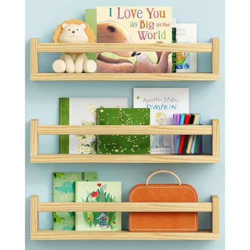 Floating Nursery Book Shelves for Wall, Natural Wood Wall Bookshelf for Kids Room Bedroom, Small Wooden Hanging Baby Book Shelf and Toy Organizer for Nursery Girl Boy Toddler Child – Set of 3
