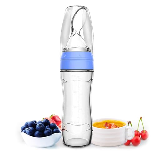 Matyz Silicone Baby Food Dispensing Spoon (Blue 4oz / 120ml) Squeeze Feeder with Spoon - Spoon Bottle for Baby - Baby Spoon Feeder Bottle Baby Solid Food Feeder - Ideal for 4 Months+ Babies