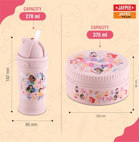 Image of JAYPEE First Step Inner Stainless Steel Insulated Lunch Box Meal and Sip Combo for School Kids Water Bottle Sipper & Disney Princess School Kids Tiffin Box 375 & 270 ml Water Bottle, Pink
