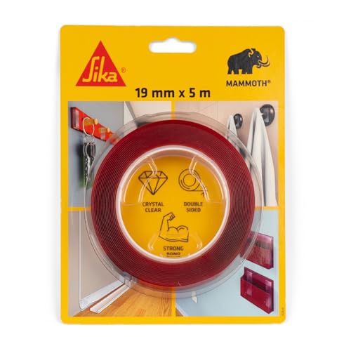 SIKA SikaBond Mammoth Crystal - Cinta adhesiva transparente de doble cara - Alta adherencia - Fijación rápida sin taladrar - Adhesión instantánea - Fácil de usar - Interior y exterior - 5 m