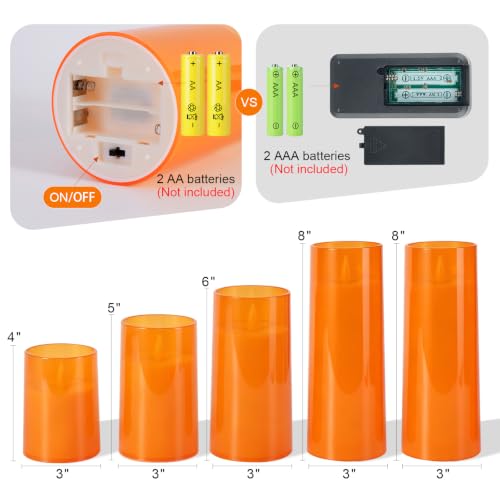Image of Homemory Orange Flameless Candles Realistic Flickering with Remote for Fall | Halloween Candles Battery Operated with Timer, LED Fake Electric Pillar Candles for Home, Holiday Decor, Set of 5